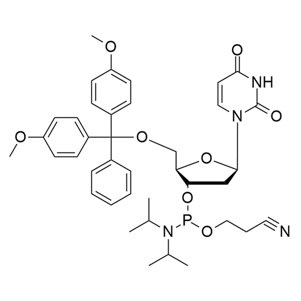 Chemical structure of DMT-dU-CE-Phosphoramidite with various functional groups.