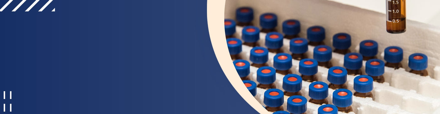 Bottles with blue caps arranged in a circular pattern on a white surface.