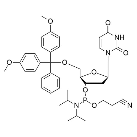 Chemical structure of DMT-dU-CE-Phosphoramidite with various functional groups.