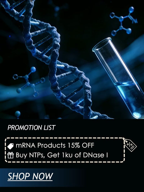 Advertisement for mRNA products with a DNA double helix and 15% discount offer on a dark background.